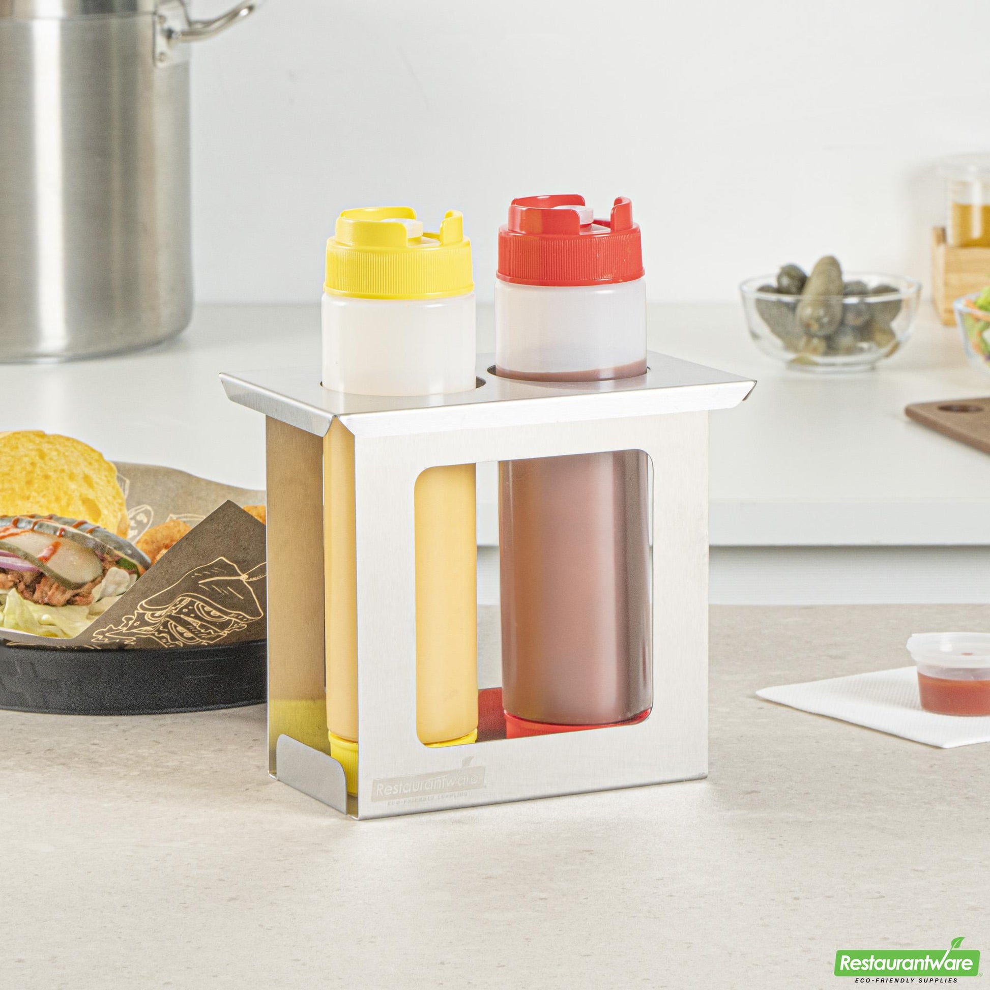 Wholesale Restaurantware Two Hole Stainless Steel Squeeze Bottle Holder - 7" X 4.5" X 6.3"- Bulk