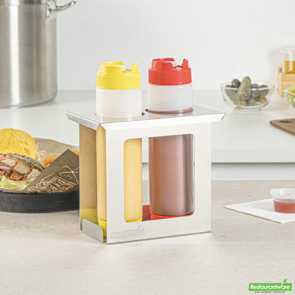 Wholesale Restaurantware Two Hole Stainless Steel Squeeze Bottle Holder - 7" X 4.5" X 6.3"- Bulk