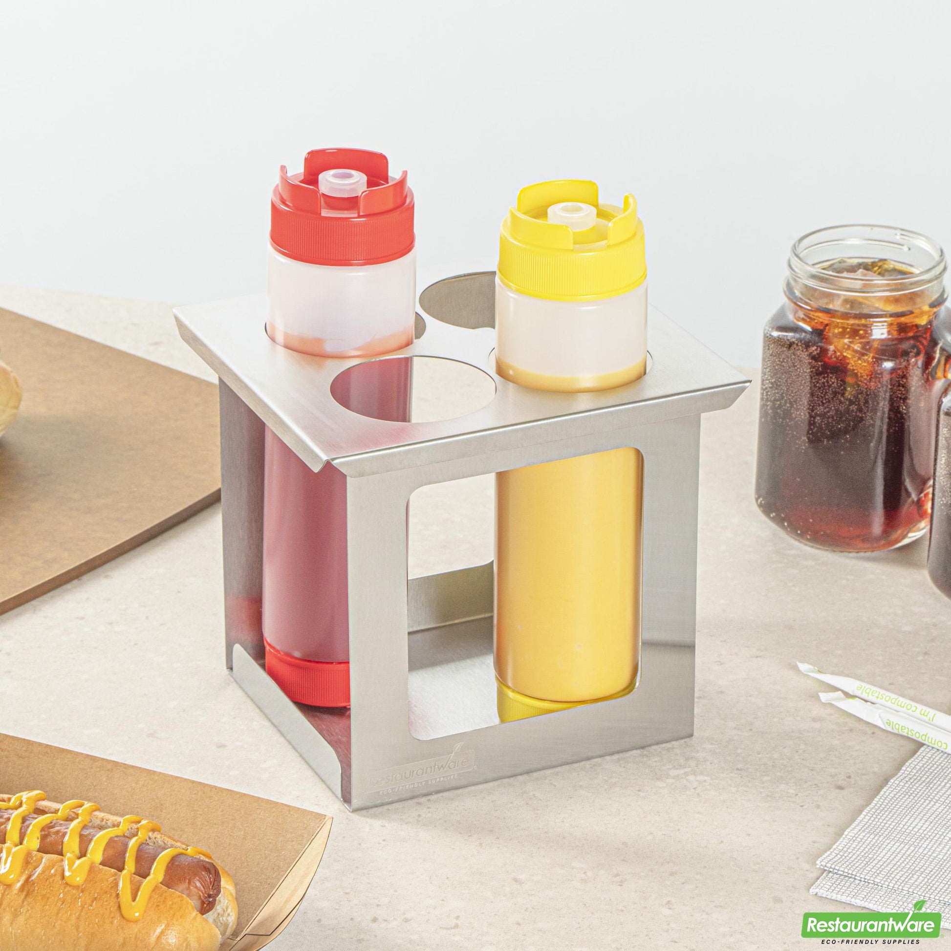 Wholesale Restaurantware Four Hole Stainless Steel Squeeze Bottle Holder - 6.3" X 7" X 6.3"- Bulk