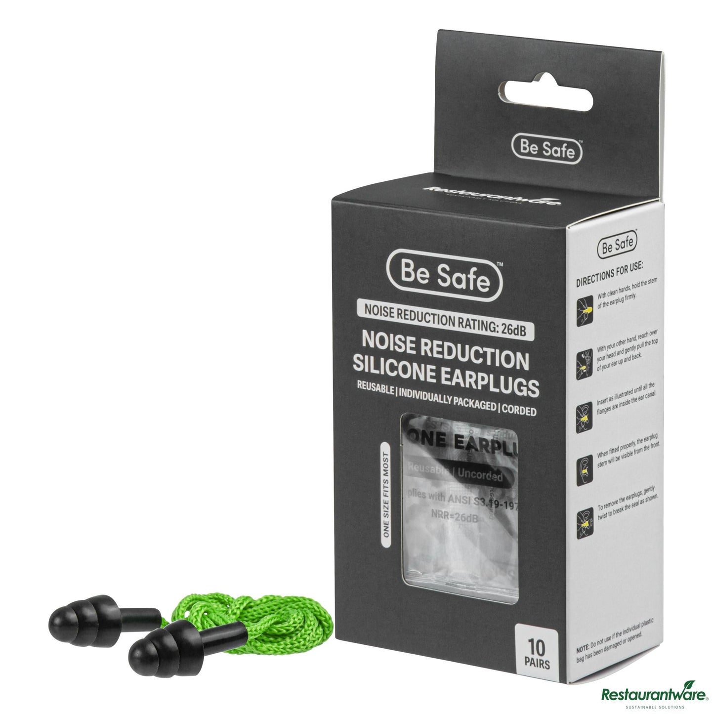 Wholesale Restaurantware Black and Green Silicone Corded Earplugs - 2.8" X 1.4" X 0.5"- Bulk