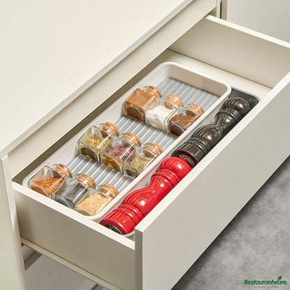 Wholesale Restaurantware Professional Gray and White Plastic 3-Tier Spice Drawer Organizer - 15.6" X 5.5" X 2.2"- Bulk