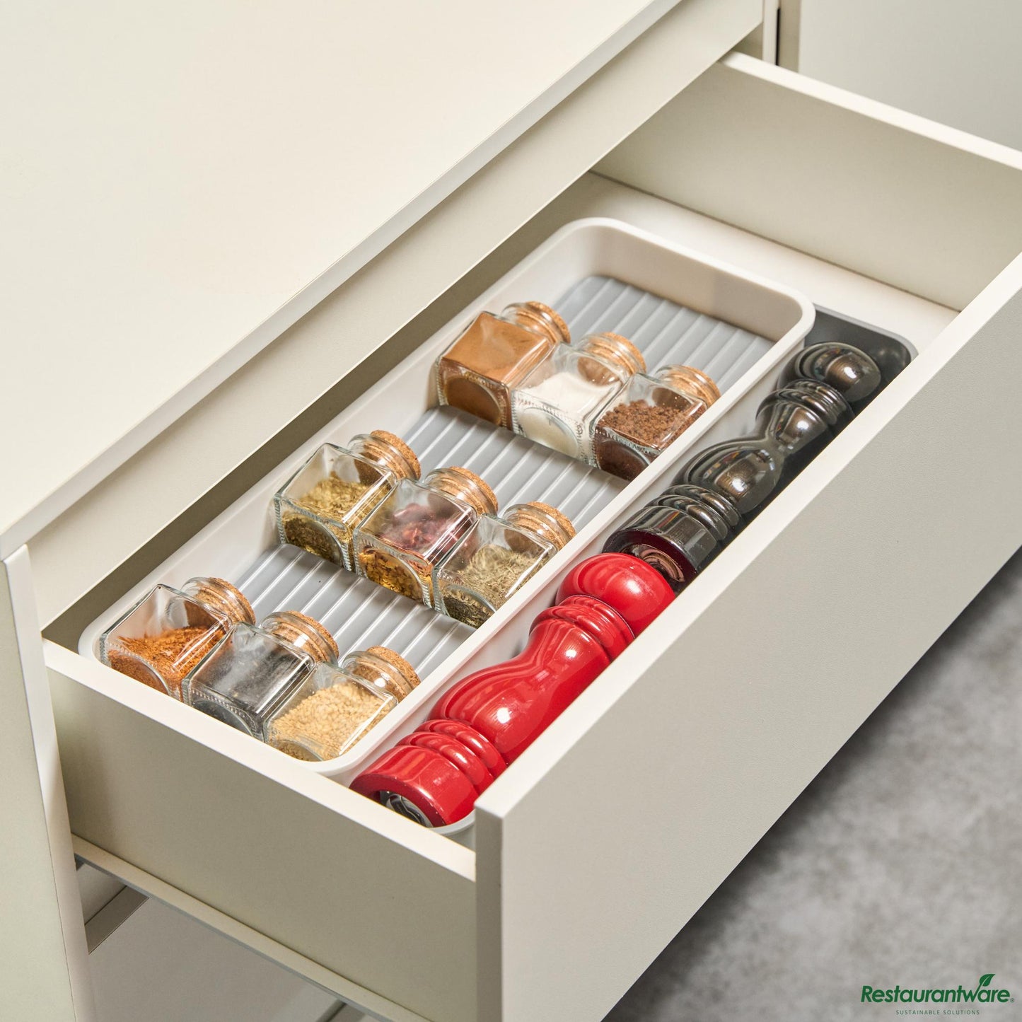 Wholesale Restaurantware Professional Gray and White Plastic 3-Tier Spice Drawer Organizer - 15.6" X 5.5" X 2.2"- Bulk
