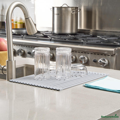 Wholesale Restaurantware Professional Gray Steel over-Sink Roll-up Drying Rack - Non-Slip - 17" X 12" X 0.3"- Bulk