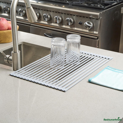 Wholesale Restaurantware Professional Gray Steel over-Sink Roll-up Drying Rack - Non-Slip - 20.5" X 13" X 0.3"- Bulk
