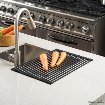 Wholesale Restaurantware Professional Black Steel over-Sink Roll-up Drying Rack - Non-Slip - 20.5" X 13" X 0.3"- Bulk