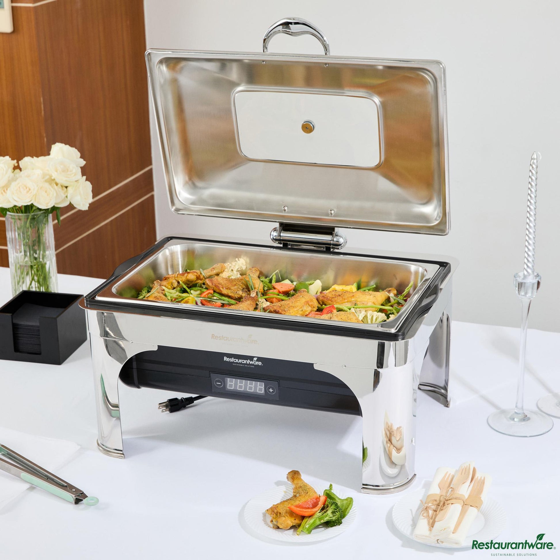 Wholesale Restaurantware 14 Qt Full Size Electric Chafer - Hinged Lid, Food Pan, Stand - 22.8" X 20.5" X 16.1"- Bulk