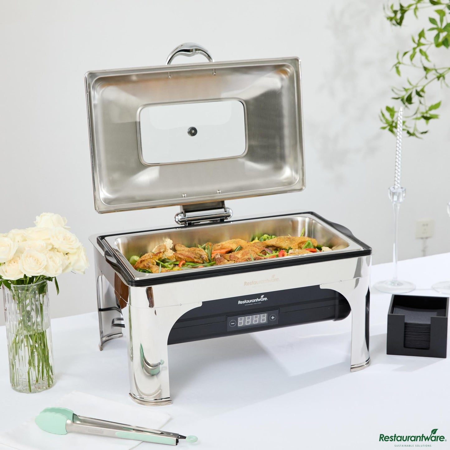 Wholesale Restaurantware 14 Qt Full Size Electric Chafer - Hinged Lid, Food Pan, Stand - 22.8" X 20.5" X 16.1"- Bulk