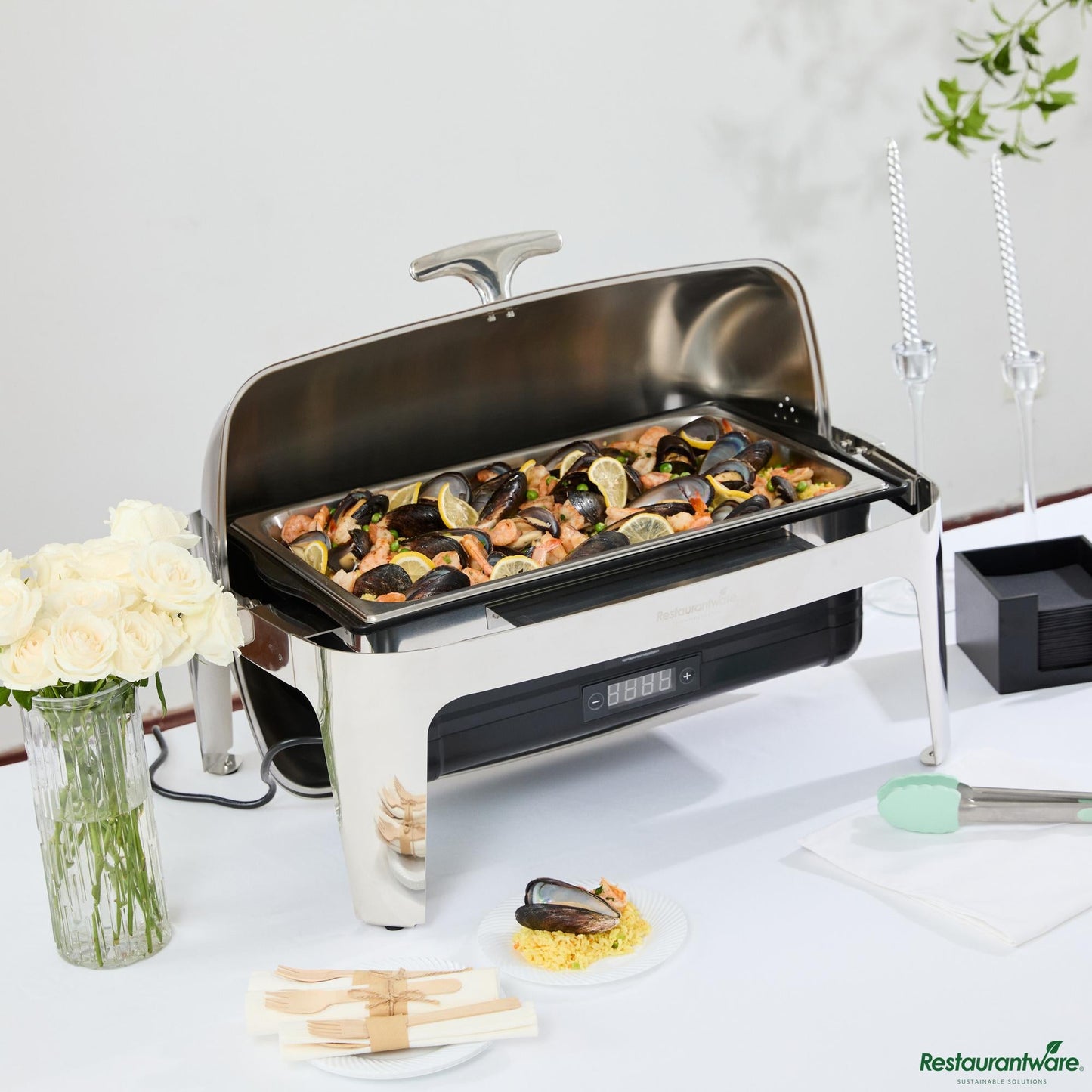 Wholesale Restaurantware 14 Qt Full Size Electric Chafer - Roll Top Cover, Food Pan, Stand - 26.4" X 19.3" X 18.1"- Bulk