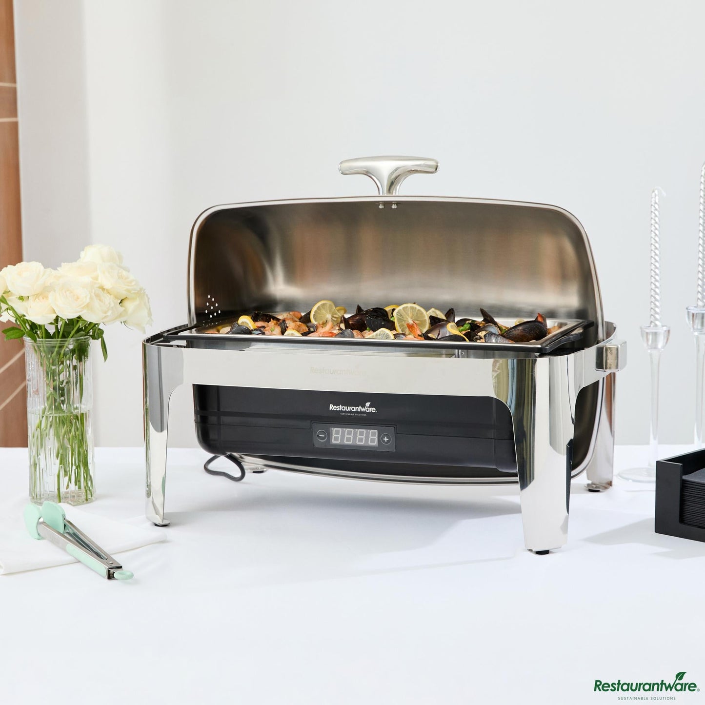 Wholesale Restaurantware 14 Qt Full Size Electric Chafer - Roll Top Cover, Food Pan, Stand - 26.4" X 19.3" X 18.1"- Bulk
