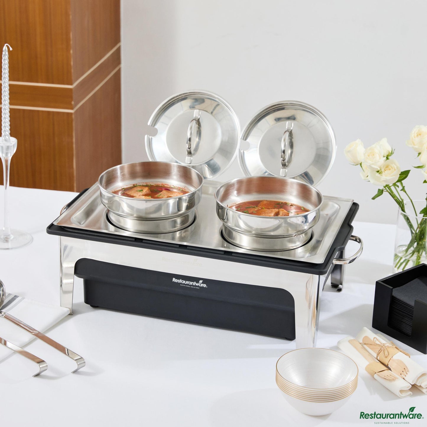 Wholesale Restaurantware 8 Qt Full Size Electric Soup Station - 2 Bain Maries, 2 Ladles, Stand - 25.4" X 13.8" X 11.8"- Bulk