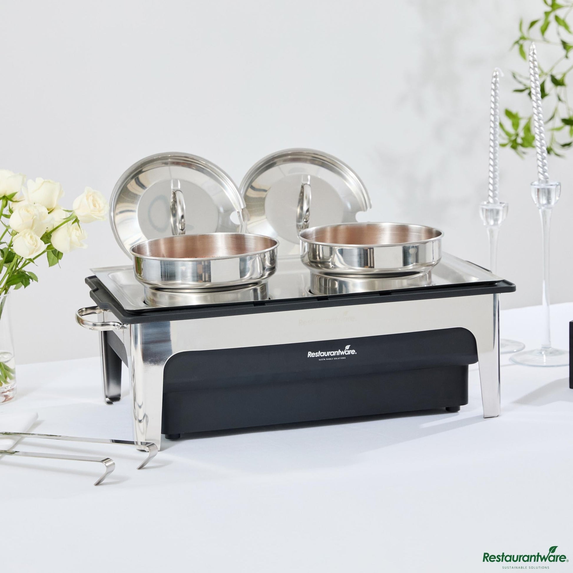 Wholesale Restaurantware 8 Qt Full Size Electric Soup Station - 2 Bain Maries, 2 Ladles, Stand - 25.4" X 13.8" X 11.8"- Bulk