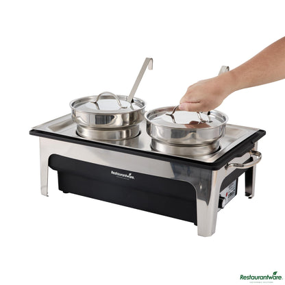 Wholesale Restaurantware 8 Qt Full Size Electric Soup Station - 2 Bain Maries, 2 Ladles, Stand - 25.4" X 13.8" X 11.8"- Bulk