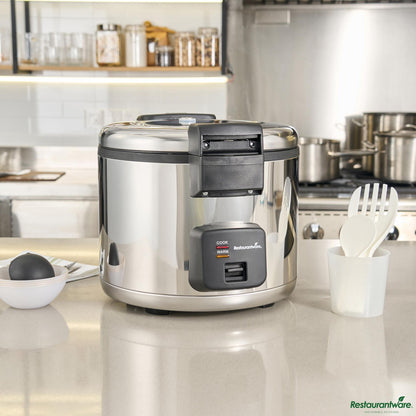 Wholesale Restaurantware 70 Cup (35 Cup Raw) Steel Electric Rice Cooker / Warmer - Hinged Lid - 17.5" X 17.5" X 16.5"- Bulk