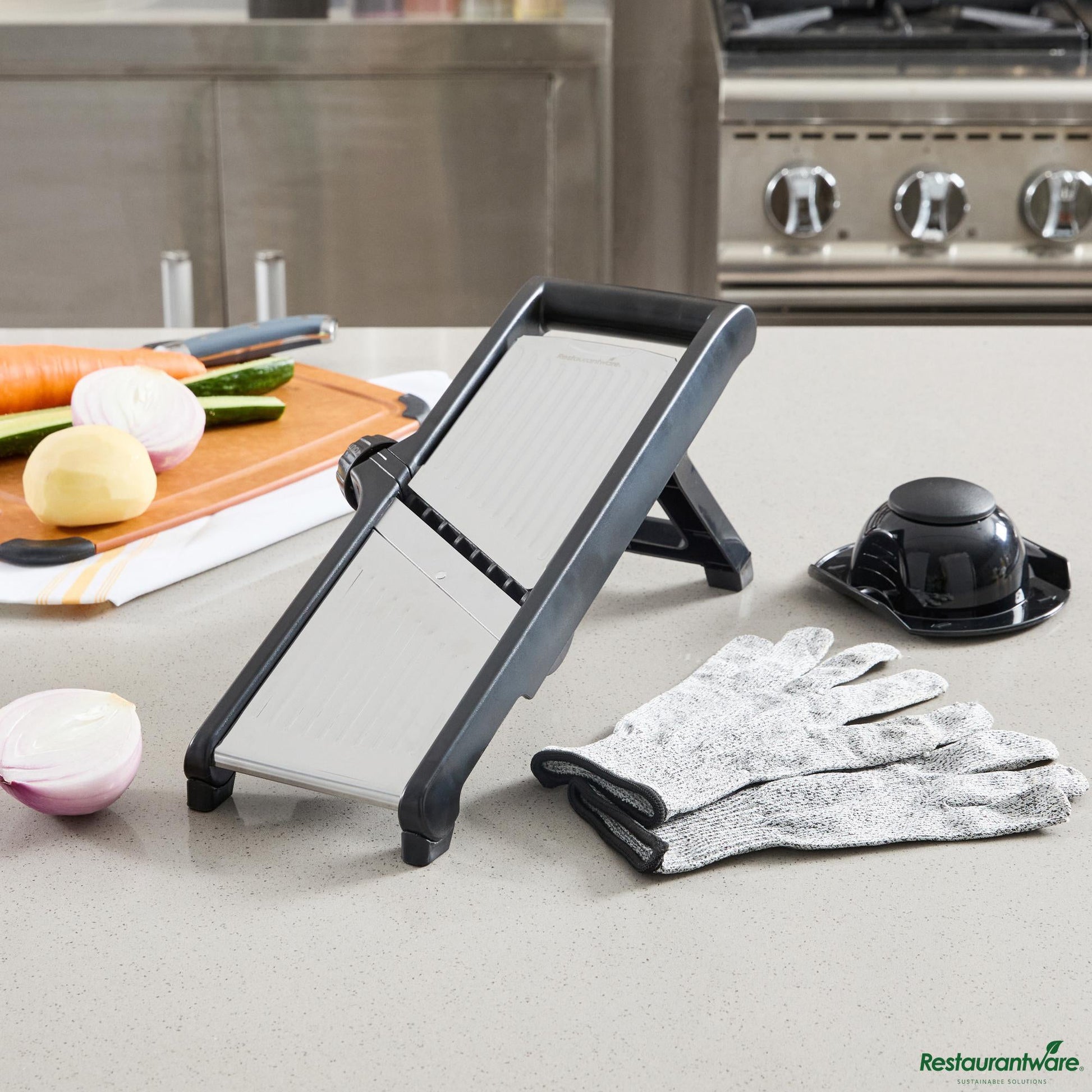Wholesale Restaurantware Stainless Steel Adjustable Mandoline Slicer - Cut-Resistant Gloves - 16.1" X 5.3" X 6.5"- Bulk