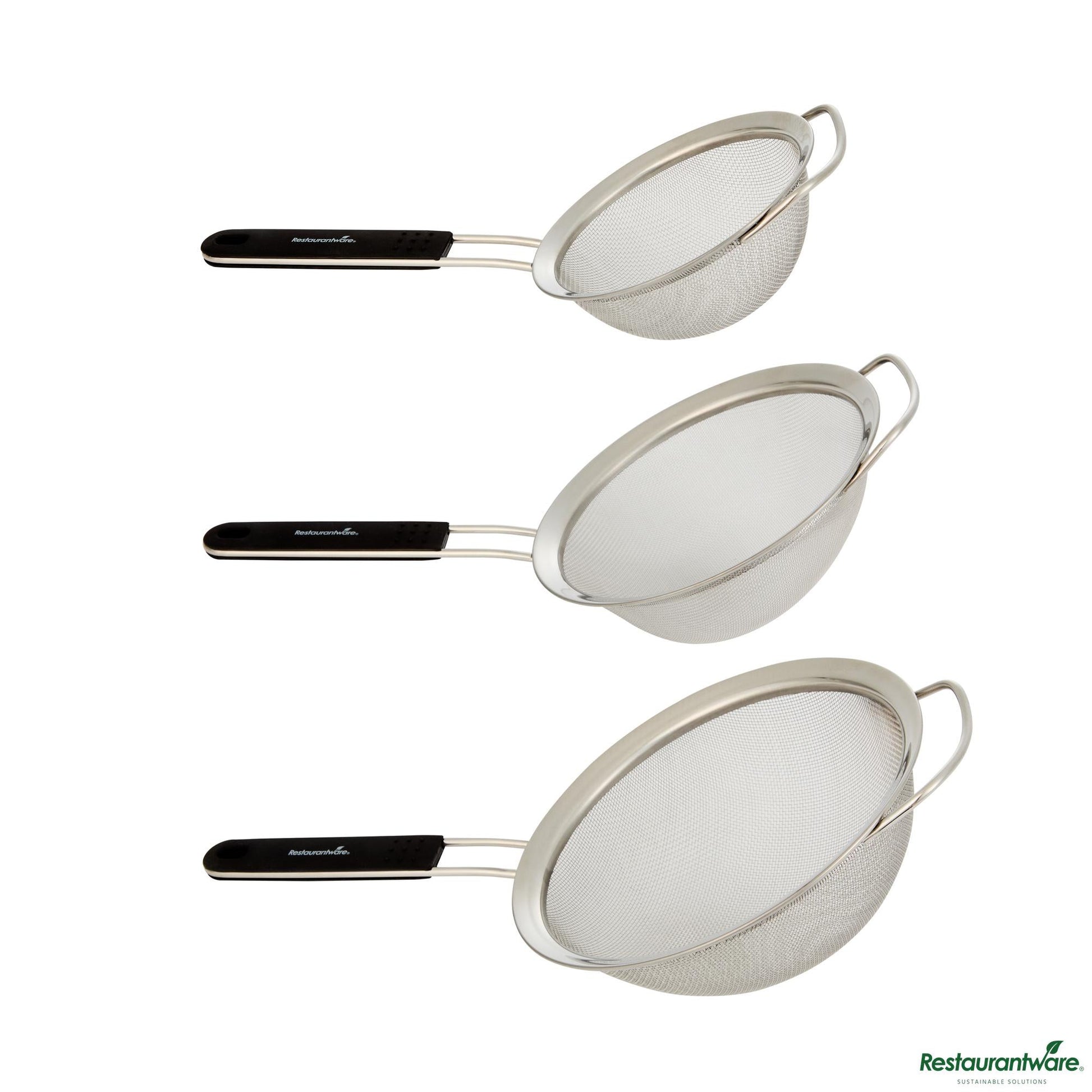 Wholesale Restaurantware 3-Piece Round Stainless Steel Extra Fine Mesh Strainer Set - 8.1x4.3x14.4"- Bulk