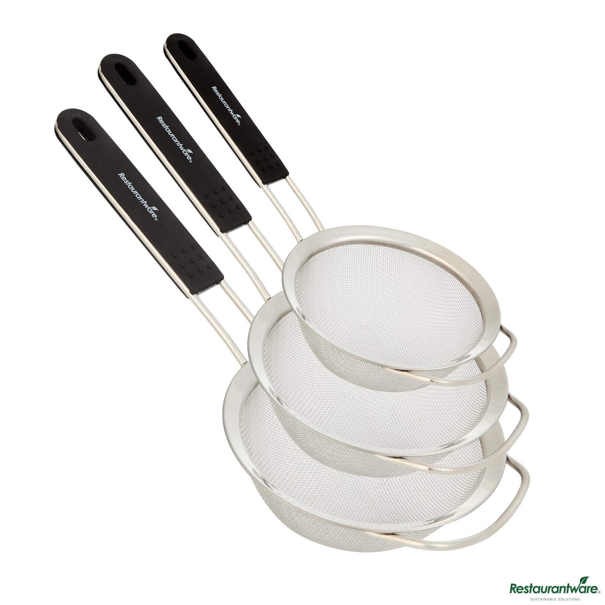 Wholesale Restaurantware 3-Piece Round Stainless Steel Extra Fine Mesh Strainer Set - 8.1x4.3x14.4"- Bulk