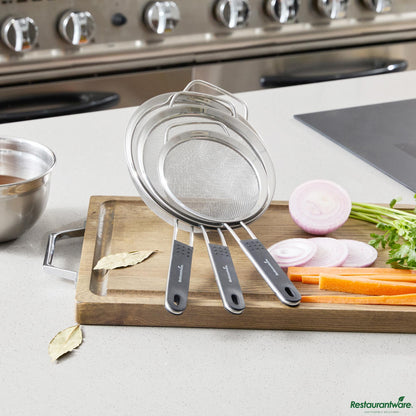 Wholesale Restaurantware 3-Piece Round Stainless Steel Extra Fine Mesh Strainer Set - 8.1x4.3x14.4"- Bulk