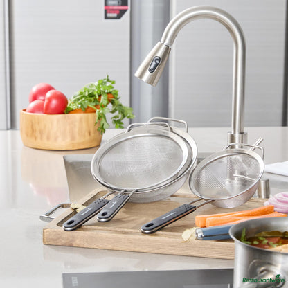 Wholesale Restaurantware 3-Piece Round Stainless Steel Extra Fine Mesh Strainer Set - 8.1x4.3x14.4"- Bulk