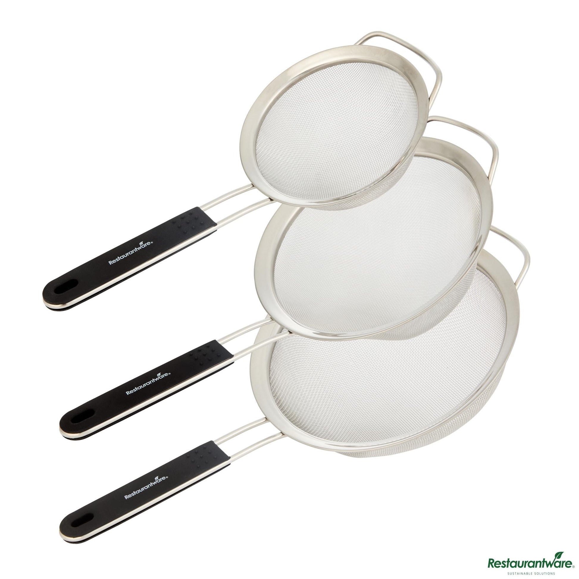 Wholesale Restaurantware 3-Piece Round Stainless Steel Extra Fine Mesh Strainer Set - 8.1x4.3x14.4"- Bulk