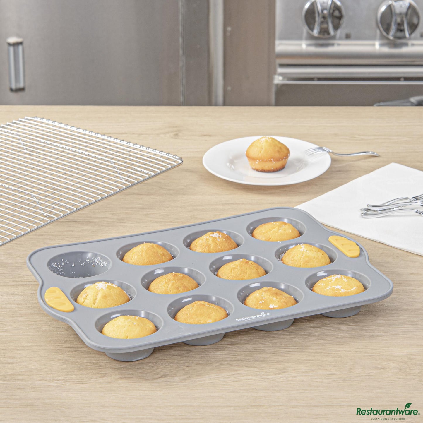 Wholesale Restaurantware Gray Silicone Muffin / Cupcake Pan - Non-Stick, with Handles - 13" X 9.3" X 1.2"- Bulk