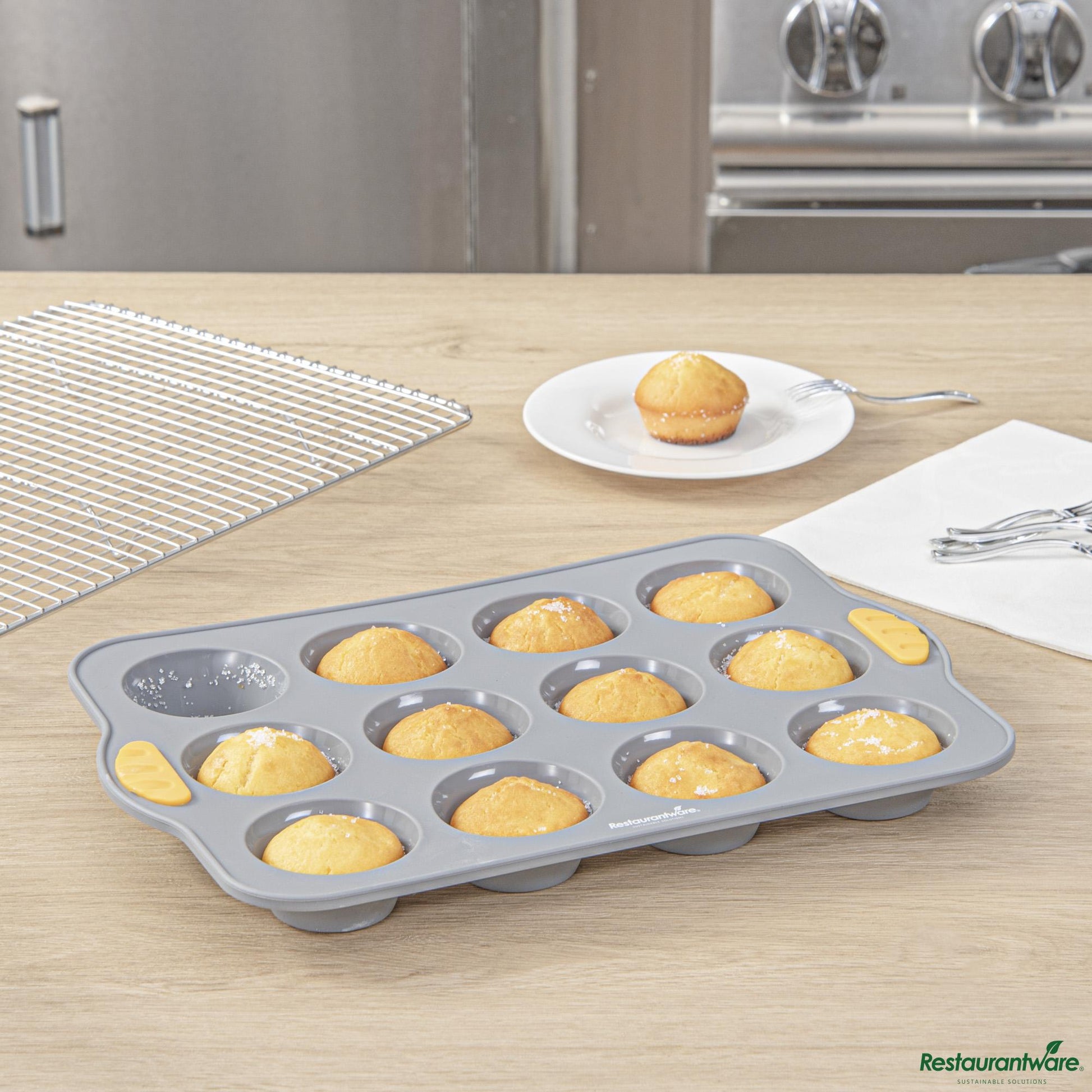 Wholesale Restaurantware Gray Silicone Muffin / Cupcake Pan - Non-Stick, with Handles - 13" X 9.3" X 1.2"- Bulk