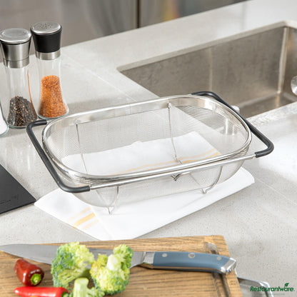 Wholesale Restaurantware 6 Qt Stainless Steel over-the-Sink Colander - Expandable Handles - 14.2" X 9.6" X 4.3"- Bulk