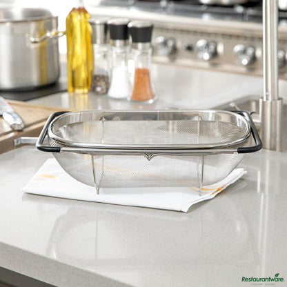 Wholesale Restaurantware 6 Qt Stainless Steel over-the-Sink Colander - Expandable Handles - 14.2" X 9.6" X 4.3"- Bulk