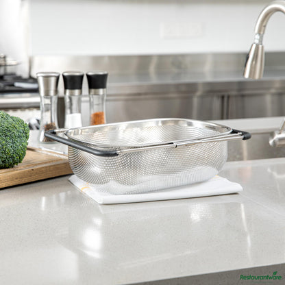Wholesale Restaurantware 6 Qt Stainless Steel over-the-Sink Colander - Expandable Handles - 14.6" X 10.4" X 4.5"- Bulk