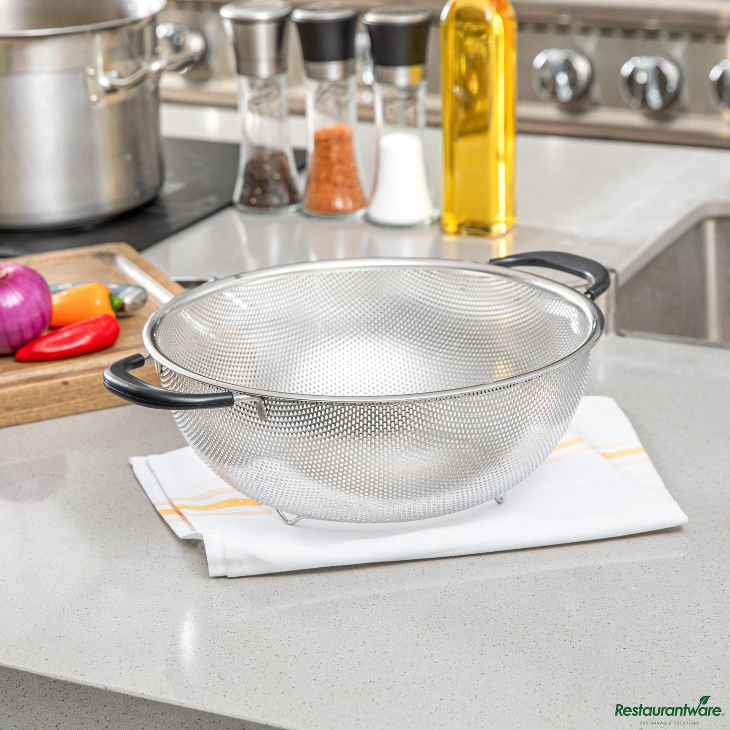 Wholesale Restaurantware 5 Qt Stainless Steel Mesh Colander - with Handles - 14.5" X 11.2" X 4.3"- Bulk