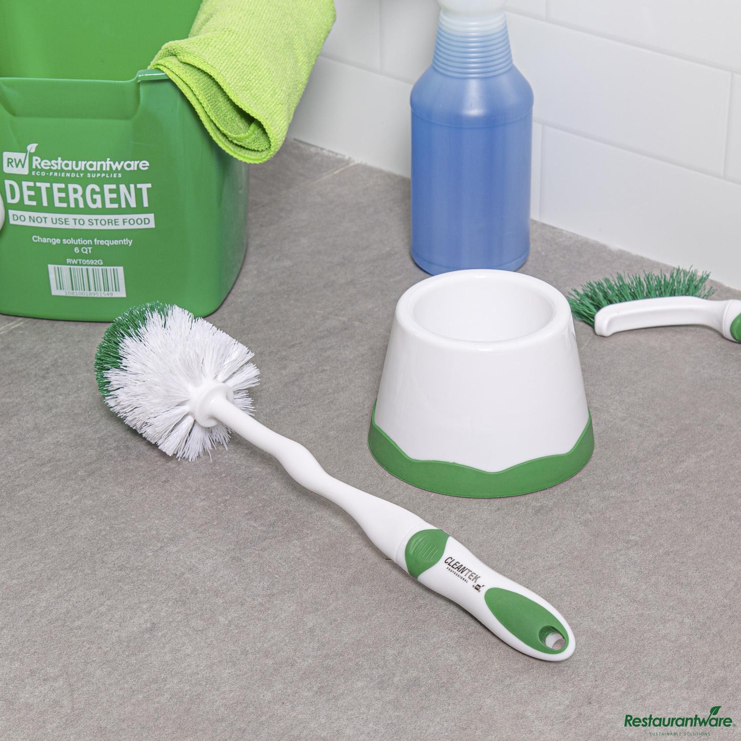 Wholesale Restaurantware Green and White Toilet Bowl Brush - with Caddy - 15.7" X 4.9" X 4.9"- Bulk