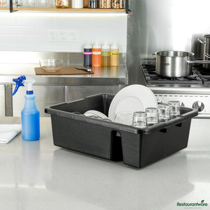 Wholesale Restaurantware Black Polypropylene Bus Tub / Bus Box - Divided, Deep, Easy Grip - 21.3" X 16.7" X 7.1"- Bulk