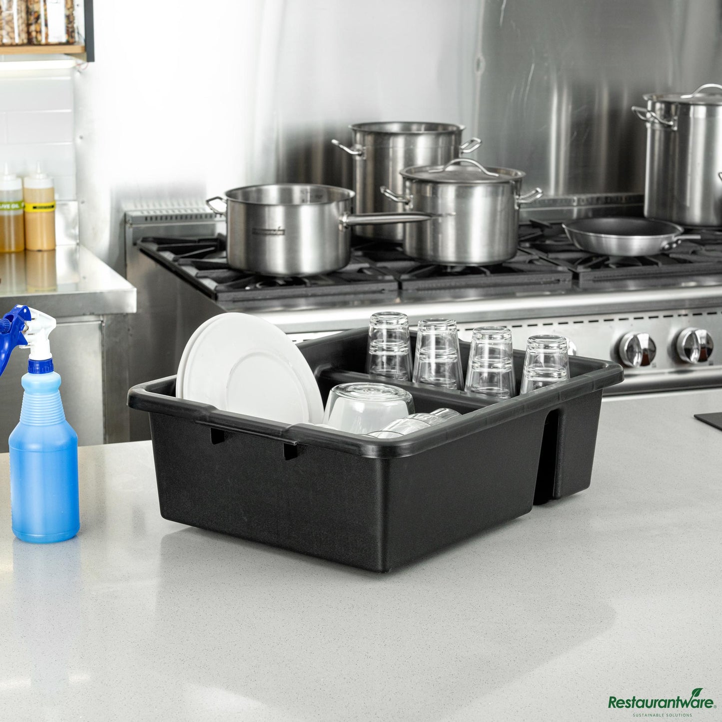 Wholesale Restaurantware Black Polypropylene Bus Tub / Bus Box - Divided, Deep, Easy Grip - 21.3" X 16.7" X 7.1"- Bulk