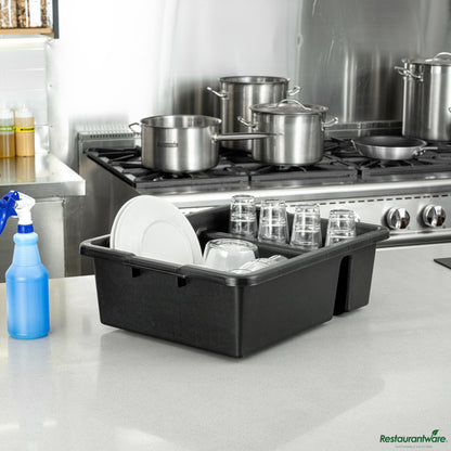 Wholesale Restaurantware Black Polypropylene Bus Tub / Bus Box - Divided, Deep, Easy Grip - 21.3" X 16.7" X 7.1"- Bulk
