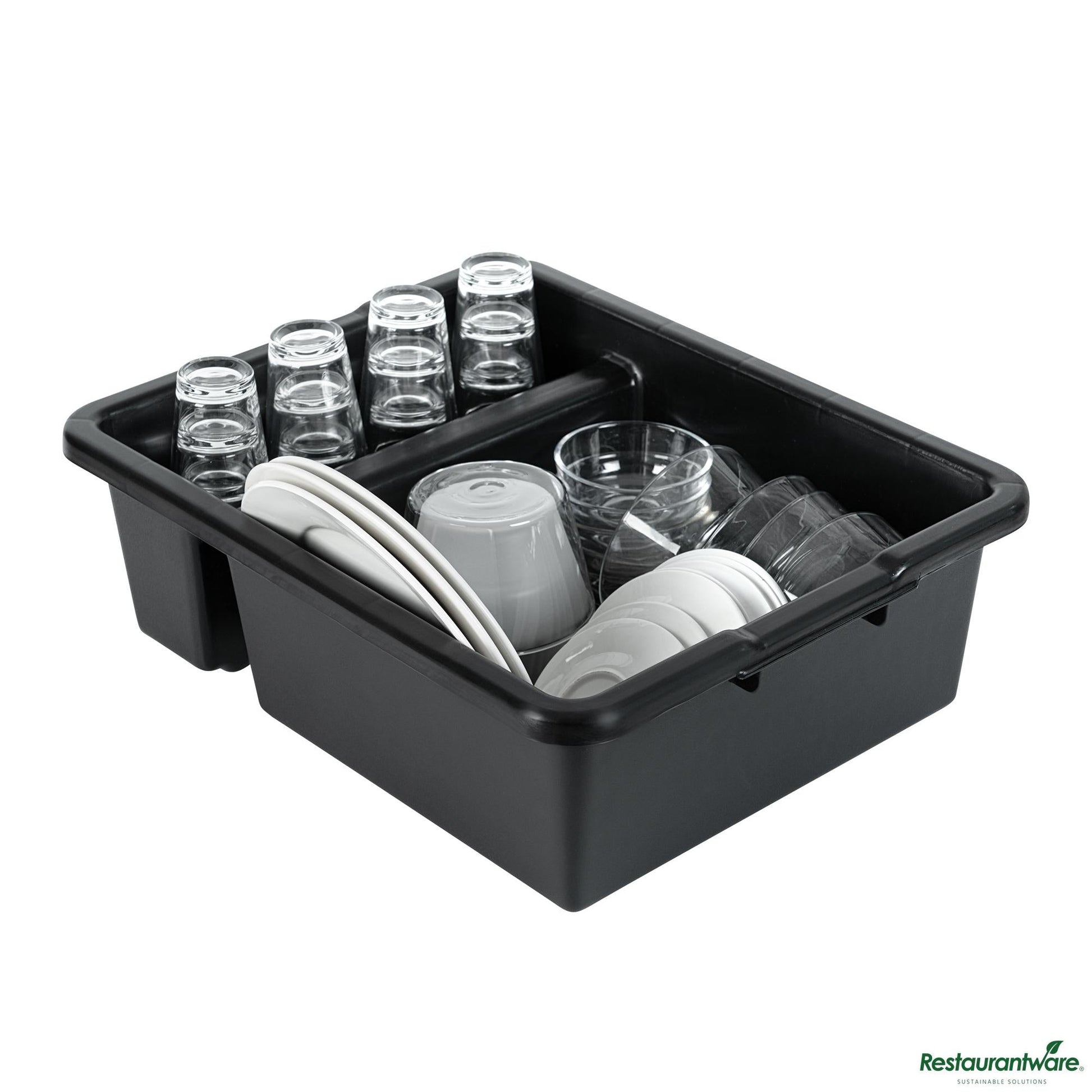Wholesale Restaurantware Black Polypropylene Bus Tub / Bus Box - Divided, Deep, Easy Grip - 21.3" X 16.7" X 7.1"- Bulk