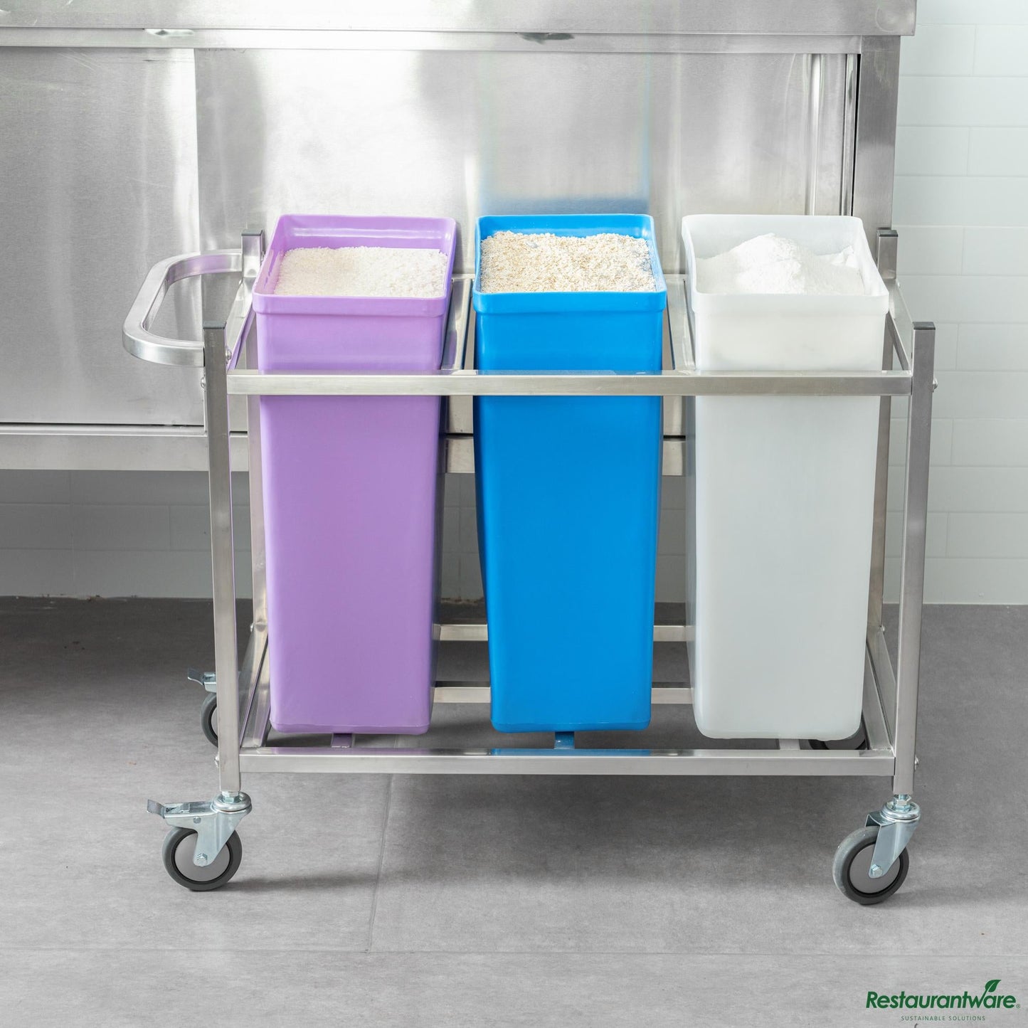 Wholesale Restaurantware Stainless Steel Triple Ingredient Bin Cart - Fits Three 10-Gallon Bins - 36.5" X 16.9" X 28.7"- Bulk