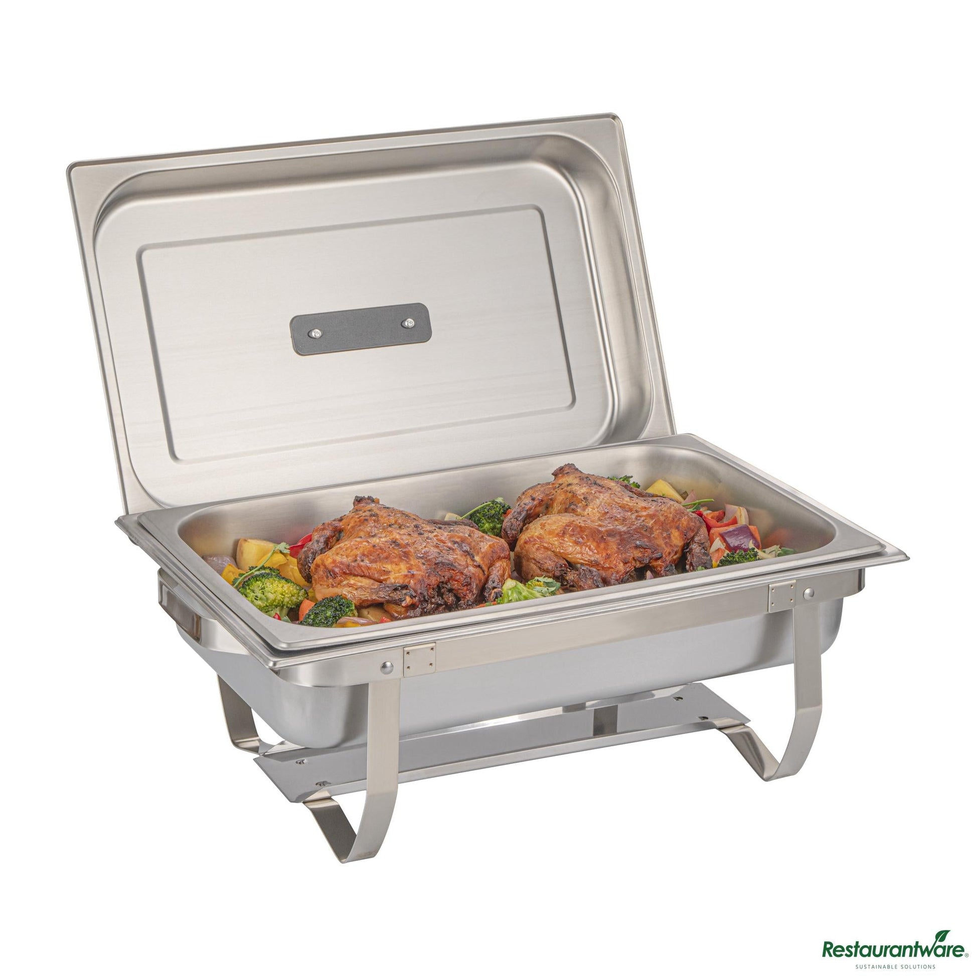Wholesale Restaurantware 8 Qt Rectangle Stainless Steel Full Size Chafer - with Folding Frame - 23.6"×14"×8.5"- Bulk