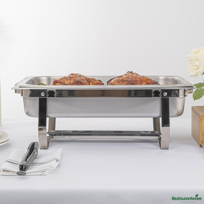 Wholesale Restaurantware 8 Qt Rectangle Stainless Steel Full Size Chafer - with Folding Frame - 23.6"×14"×8.5"- Bulk