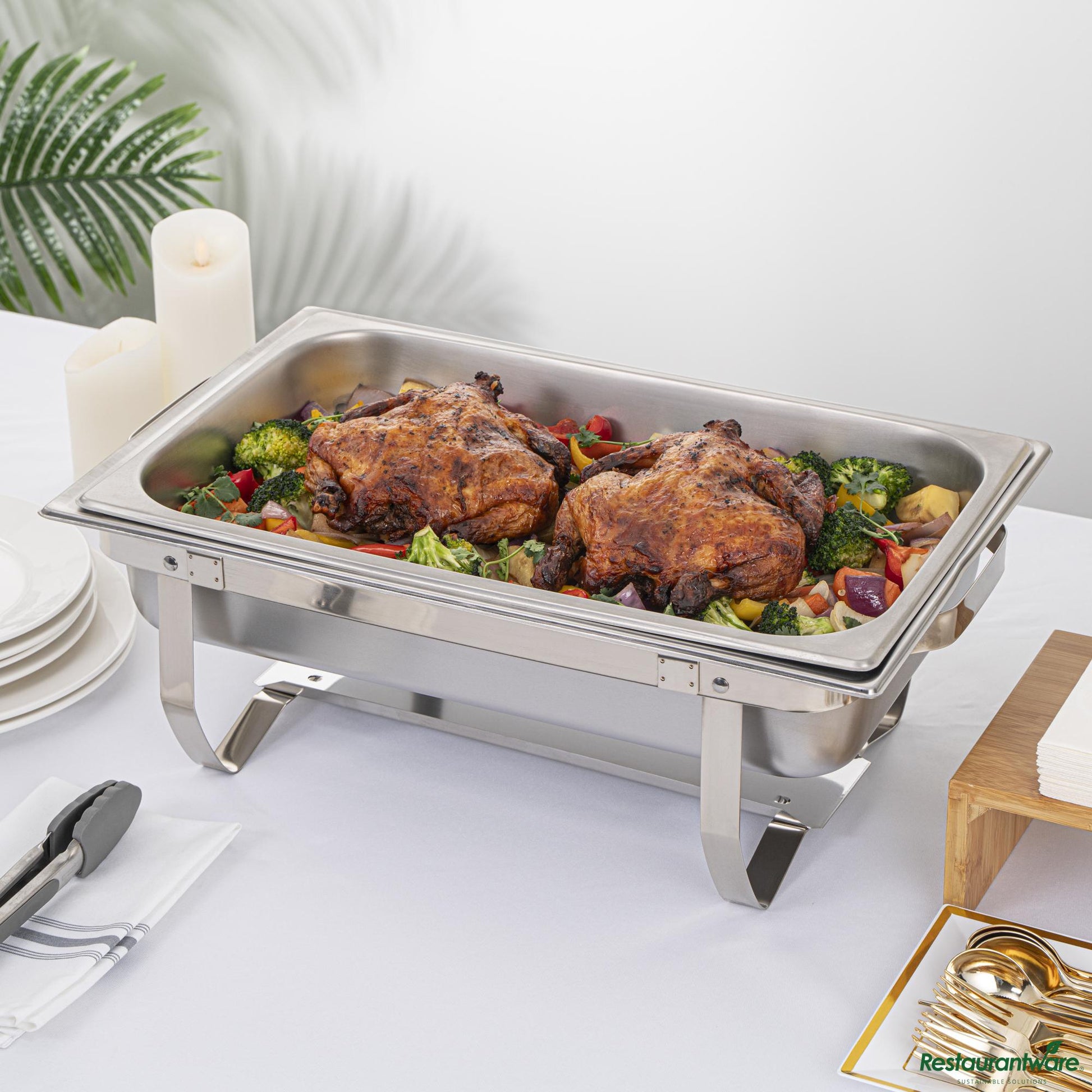 Wholesale Restaurantware 8 Qt Rectangle Stainless Steel Full Size Chafer - with Folding Frame - 23.6"×14"×8.5"- Bulk