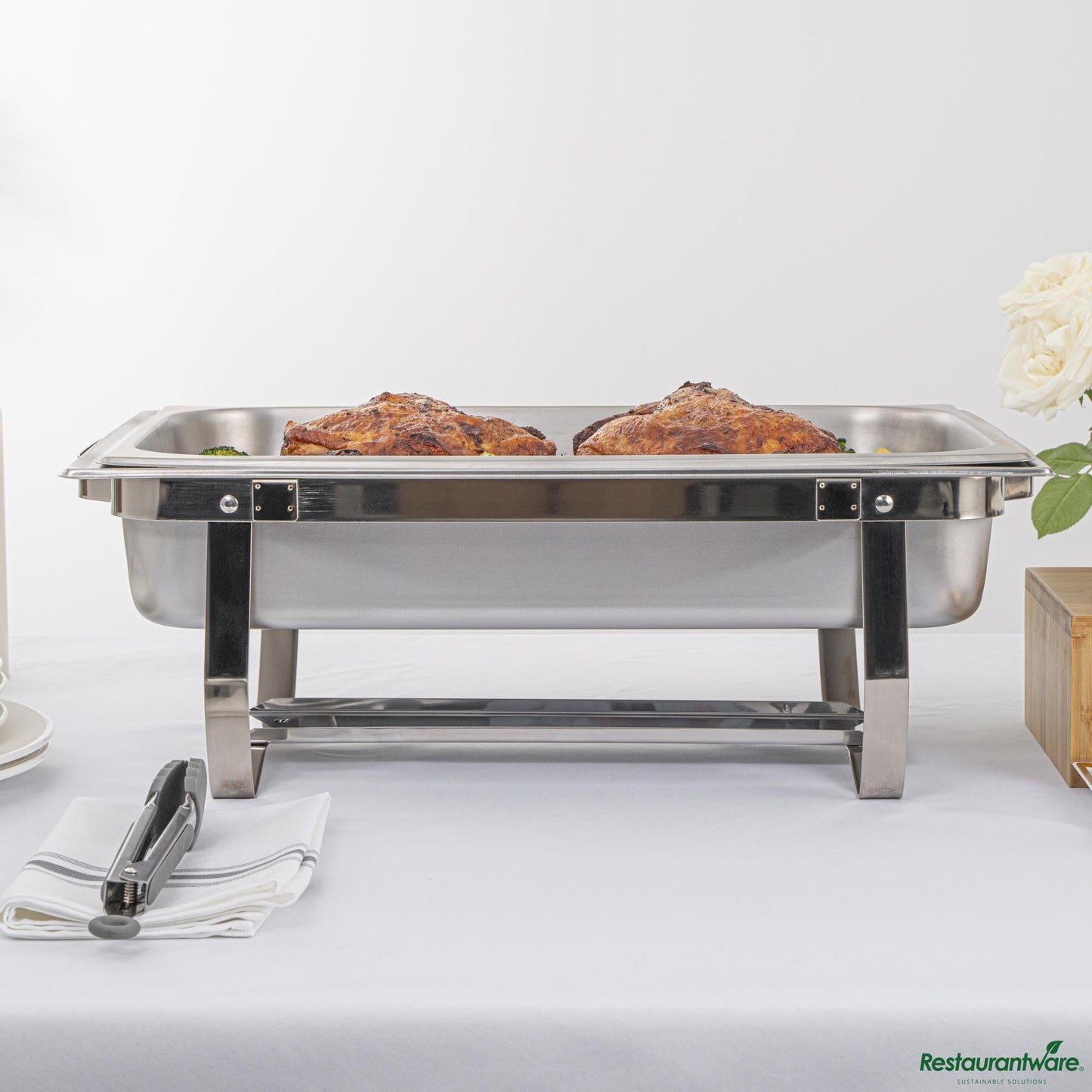 Wholesale Restaurantware 8 Qt Rectangle Stainless Steel Full Size Chafer - with Folding Frame - 23.6"×14"×8.5"- Bulk