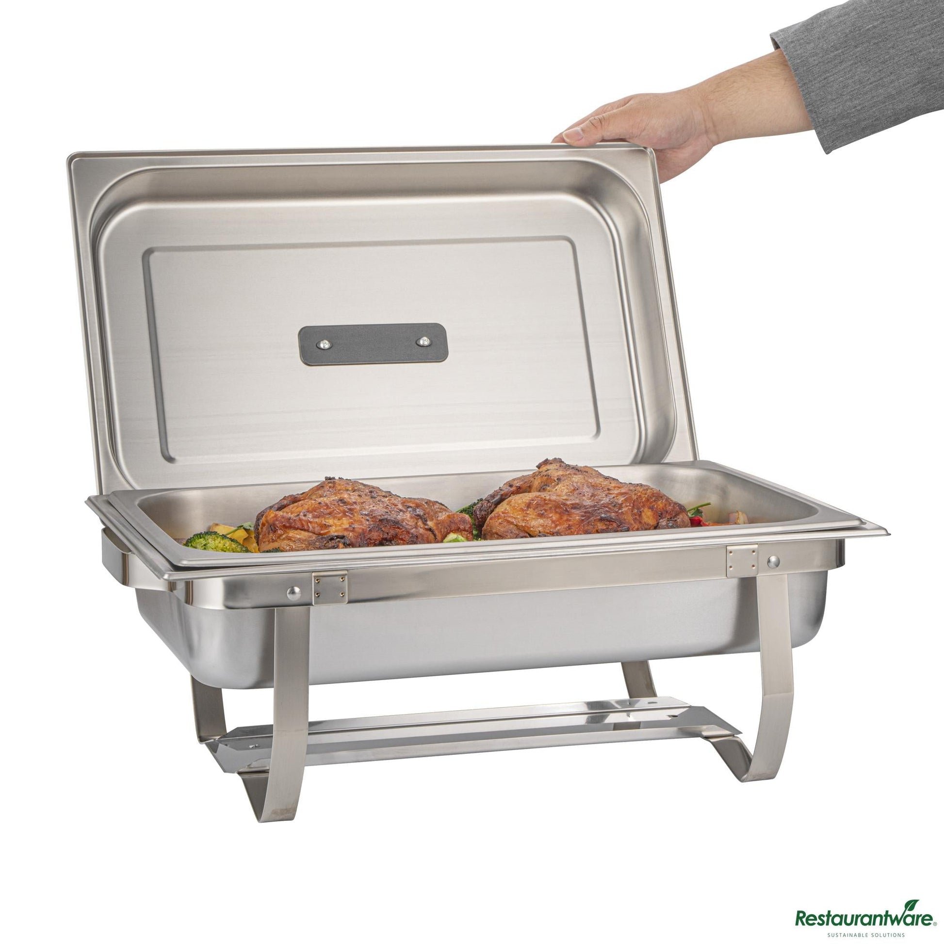 Wholesale Restaurantware 8 Qt Rectangle Stainless Steel Full Size Chafer - with Folding Frame - 23.6"×14"×8.5"- Bulk