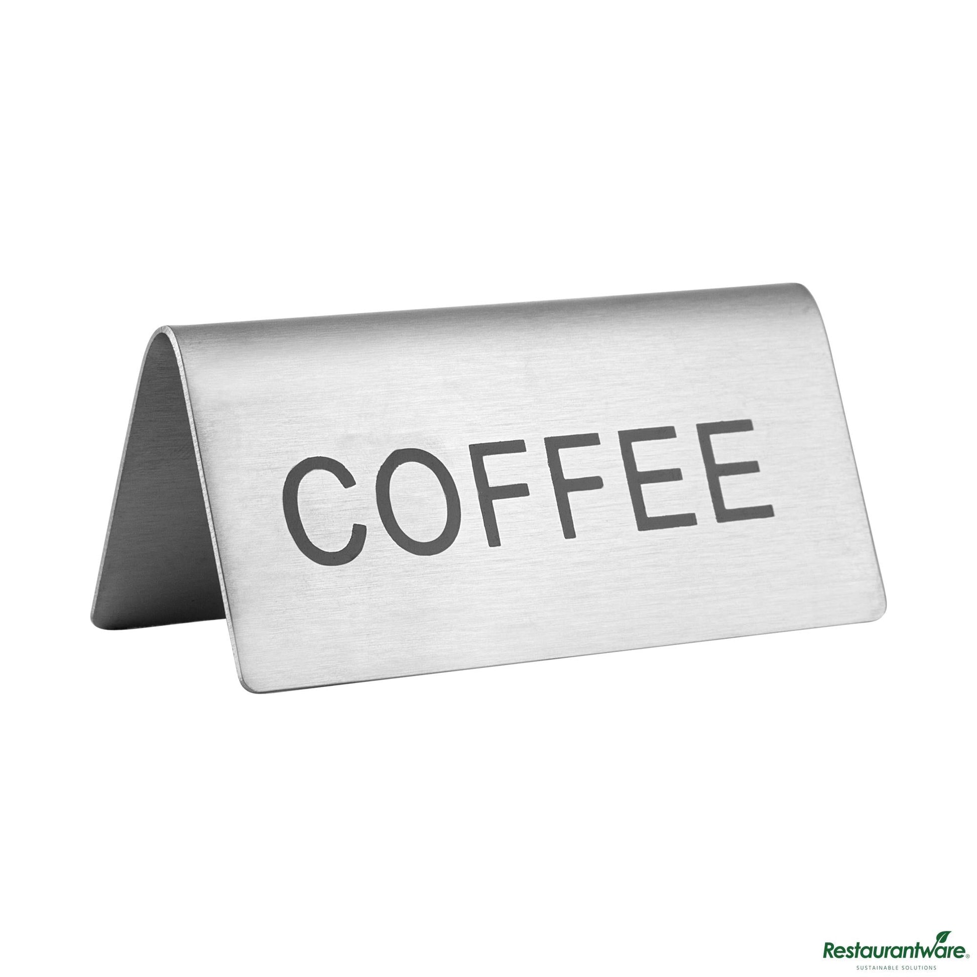Wholesale Restaurantware Double-Sided Stainless Steel "Coffee" Table Tent Sign - 3"×1.2"×1.4"- Bulk