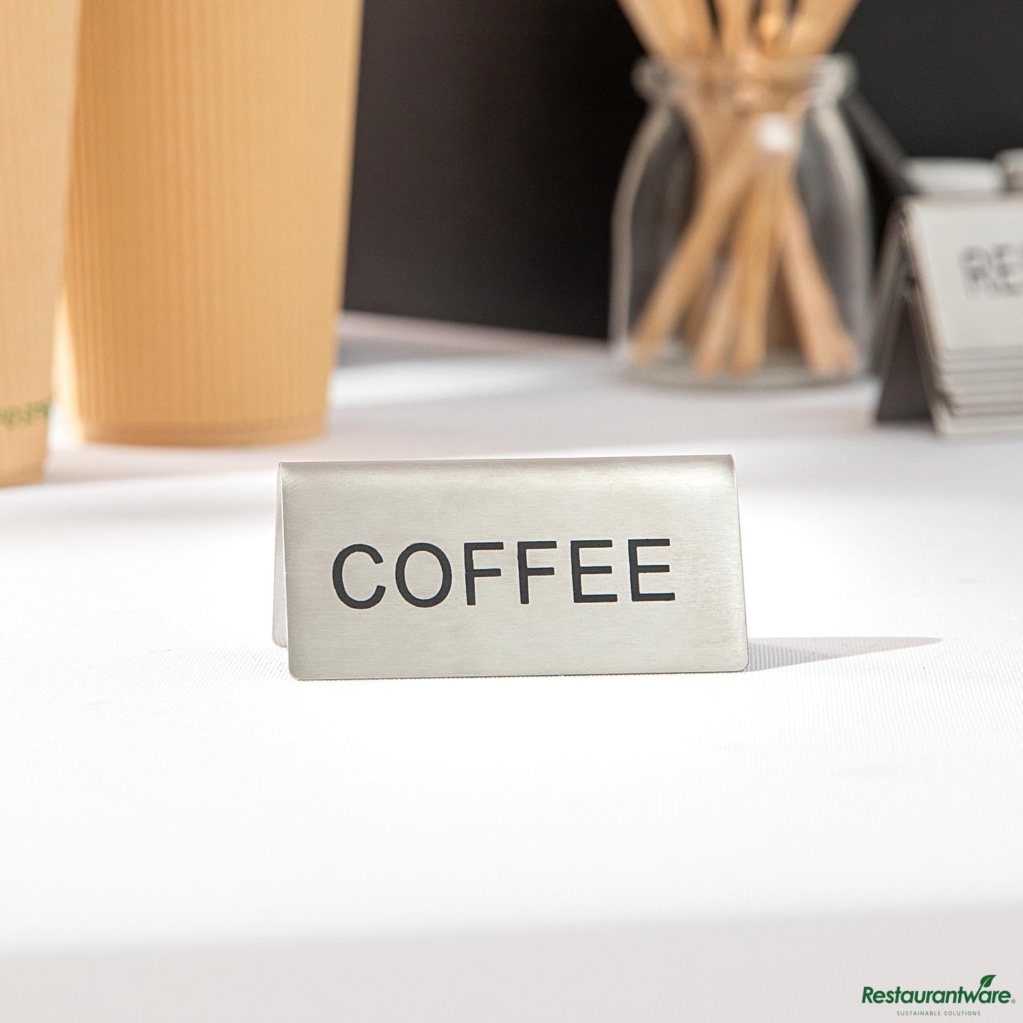 Wholesale Restaurantware Double-Sided Stainless Steel "Coffee" Table Tent Sign - 3"×1.2"×1.4"- Bulk