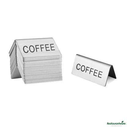 Wholesale Restaurantware Double-Sided Stainless Steel "Coffee" Table Tent Sign - 3"×1.2"×1.4"- Bulk