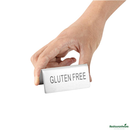 Wholesale Restaurantware Double-Sided Stainless Steel "Gluten Free" Table Tent Sign - 3"×1.2"×1.4"- Bulk