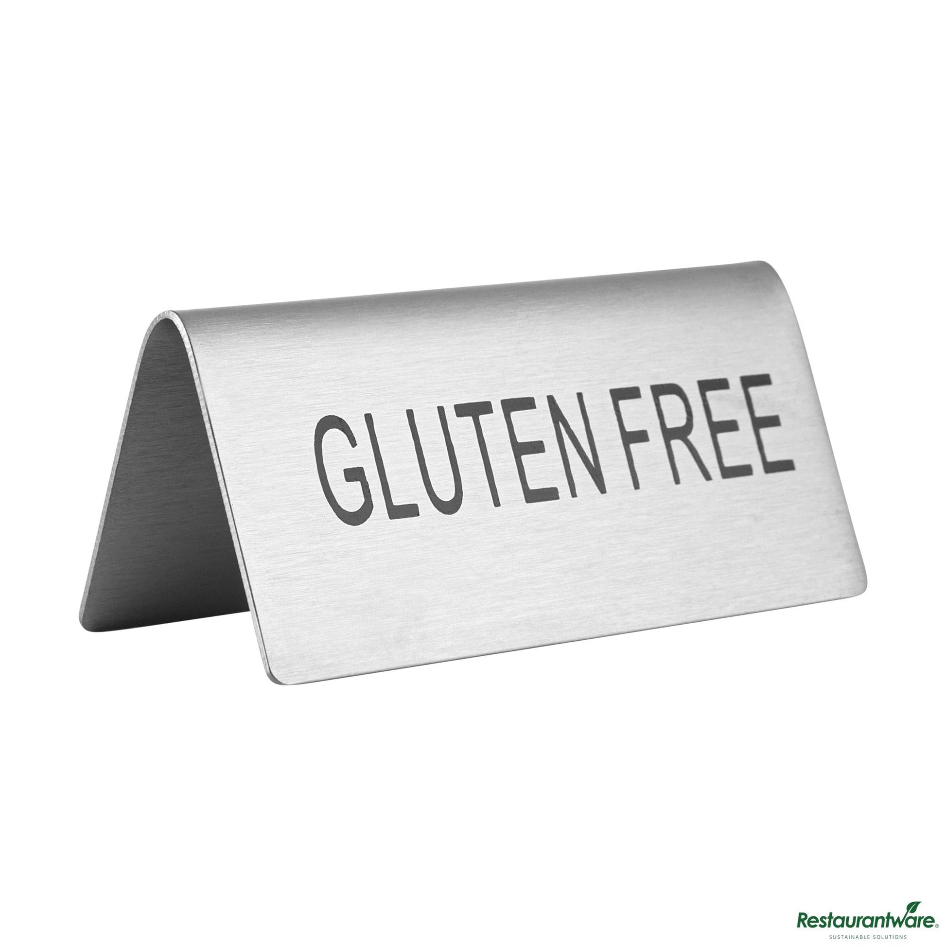 Wholesale Restaurantware Double-Sided Stainless Steel "Gluten Free" Table Tent Sign - 3"×1.2"×1.4"- Bulk