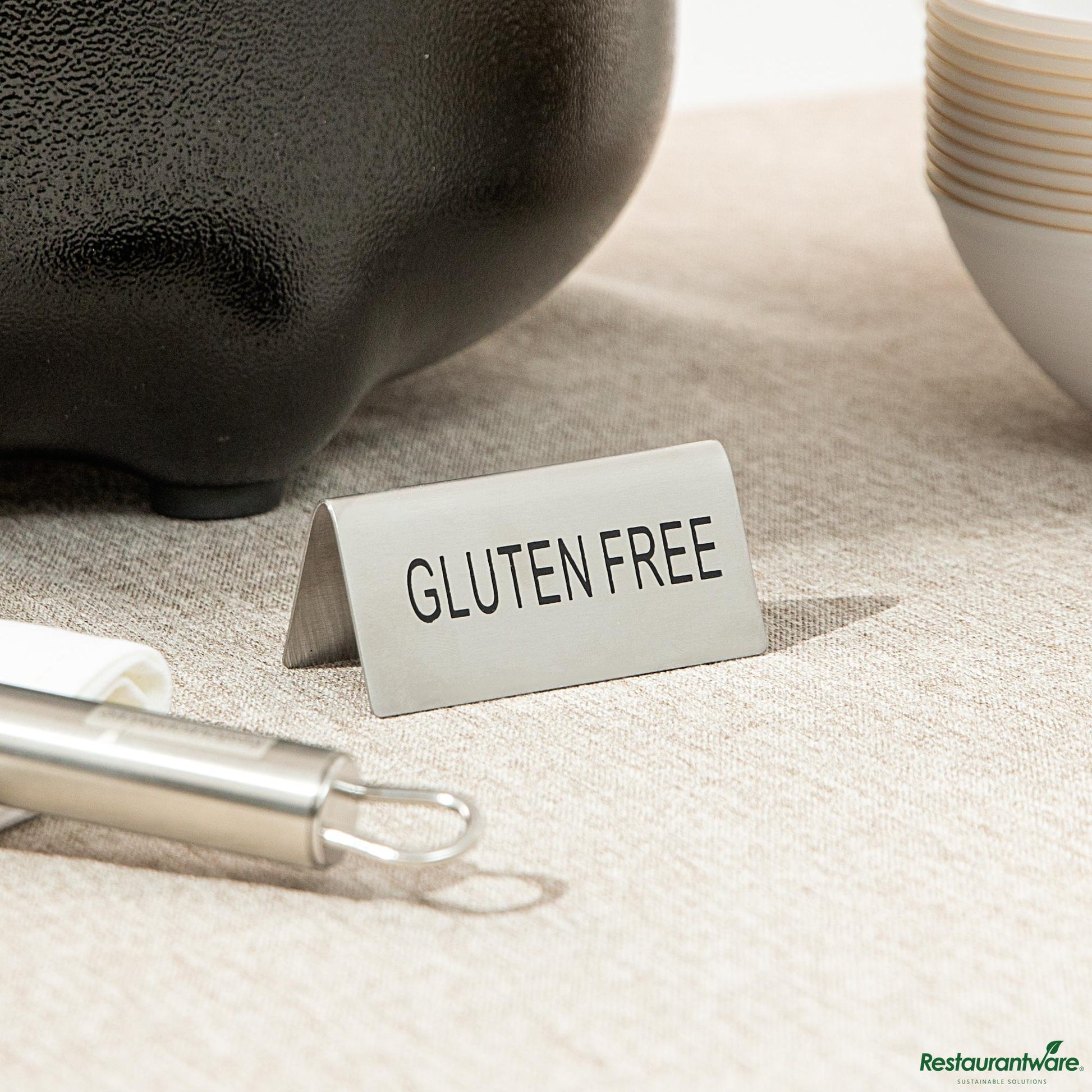 Wholesale Restaurantware Double-Sided Stainless Steel "Gluten Free" Table Tent Sign - 3"×1.2"×1.4"- Bulk