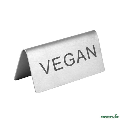 Wholesale Restaurantware Double-Sided Stainless Steel "Vegan" Table Tent Sign - 3"×1.2"×1.4"- Bulk