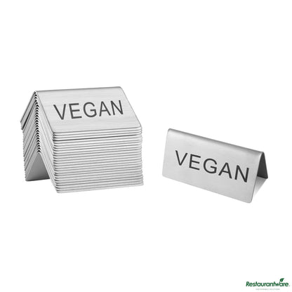 Wholesale Restaurantware Double-Sided Stainless Steel "Vegan" Table Tent Sign - 3"×1.2"×1.4"- Bulk