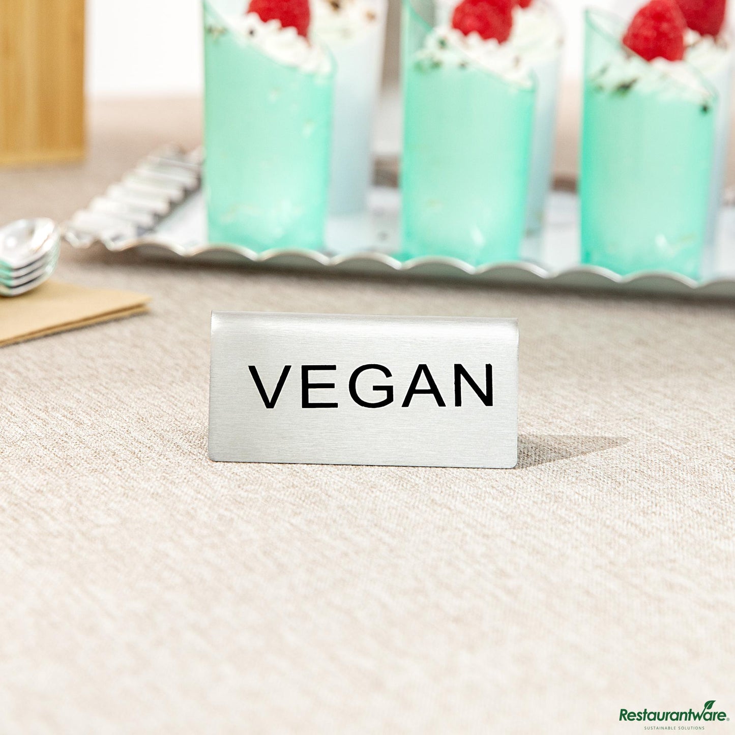 Wholesale Restaurantware Double-Sided Stainless Steel "Vegan" Table Tent Sign - 3"×1.2"×1.4"- Bulk