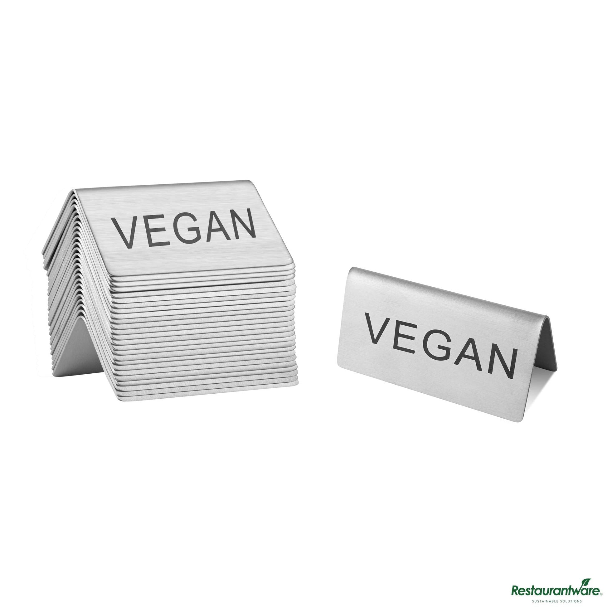 Wholesale Restaurantware Double-Sided Stainless Steel "Vegan" Table Tent Sign - 3"×1.2"×1.4"- Bulk